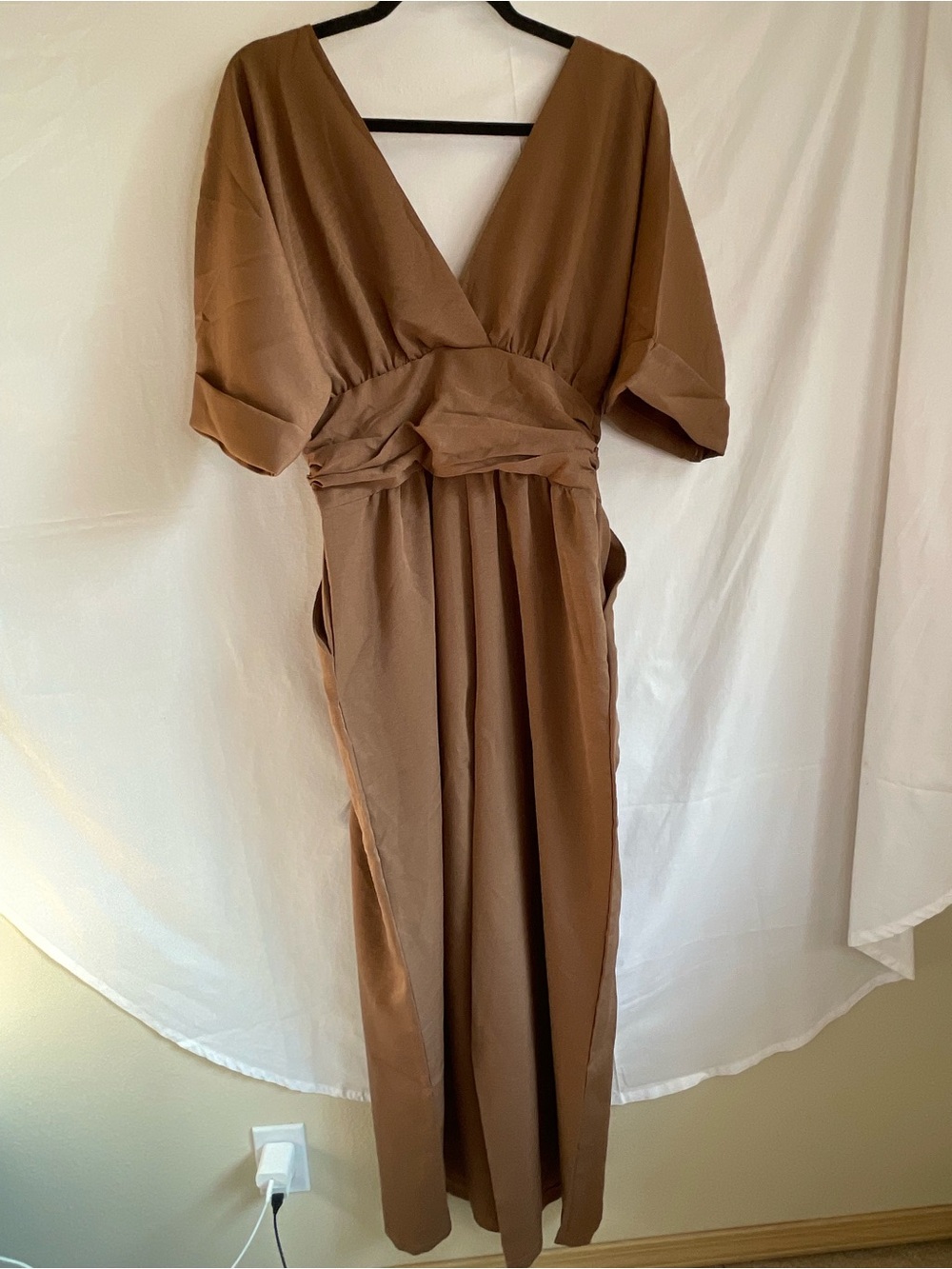 Women's Large Camel Brown Wide Leg Ruched Waist Jumpsuit - Picture 3 of 10